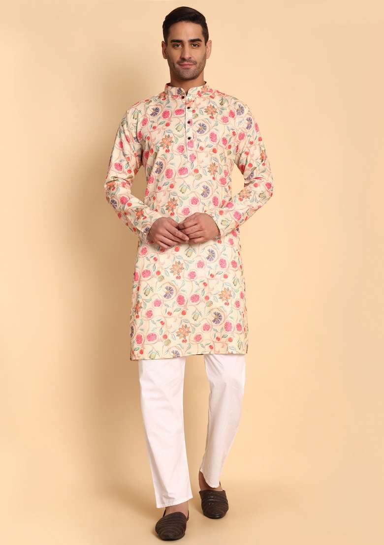 Cream Printed Cotton Kurta For Men - Indya