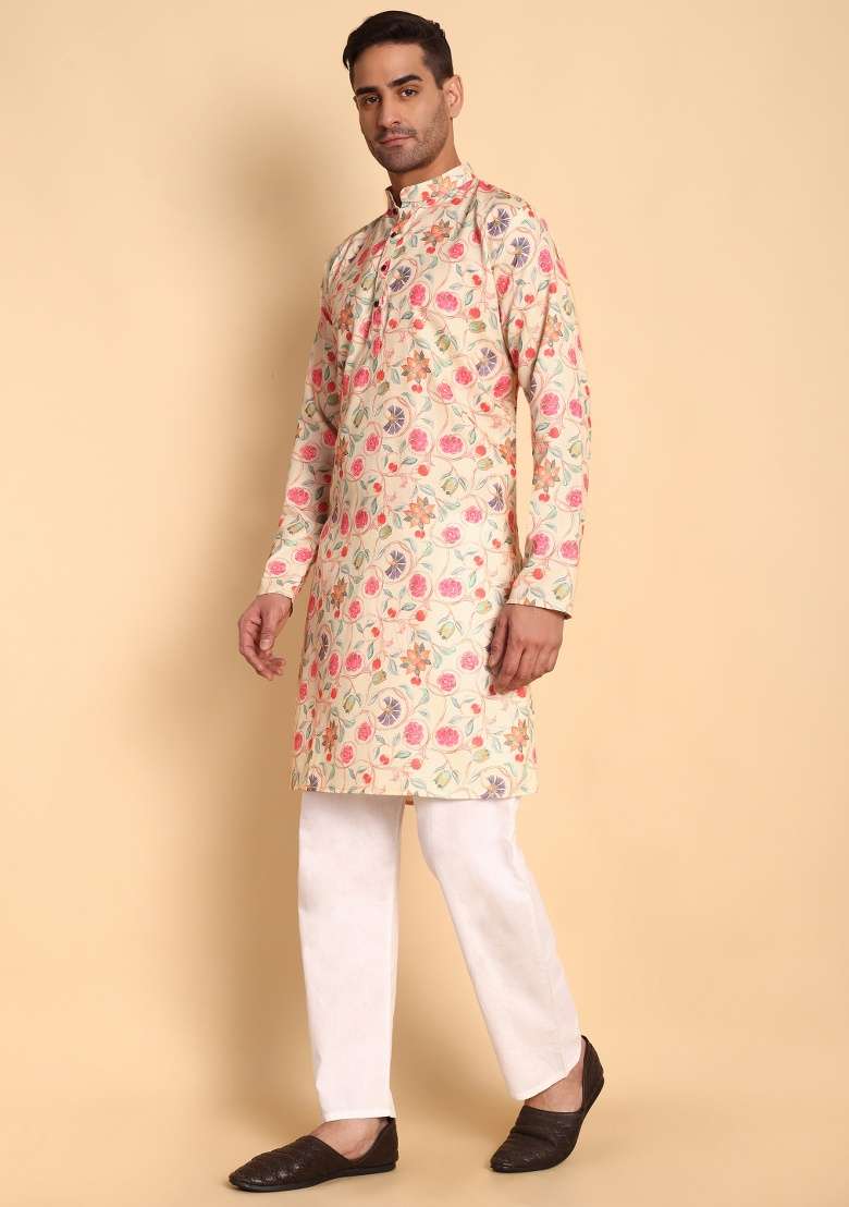 Cream Printed Cotton Kurta For Men - Indya