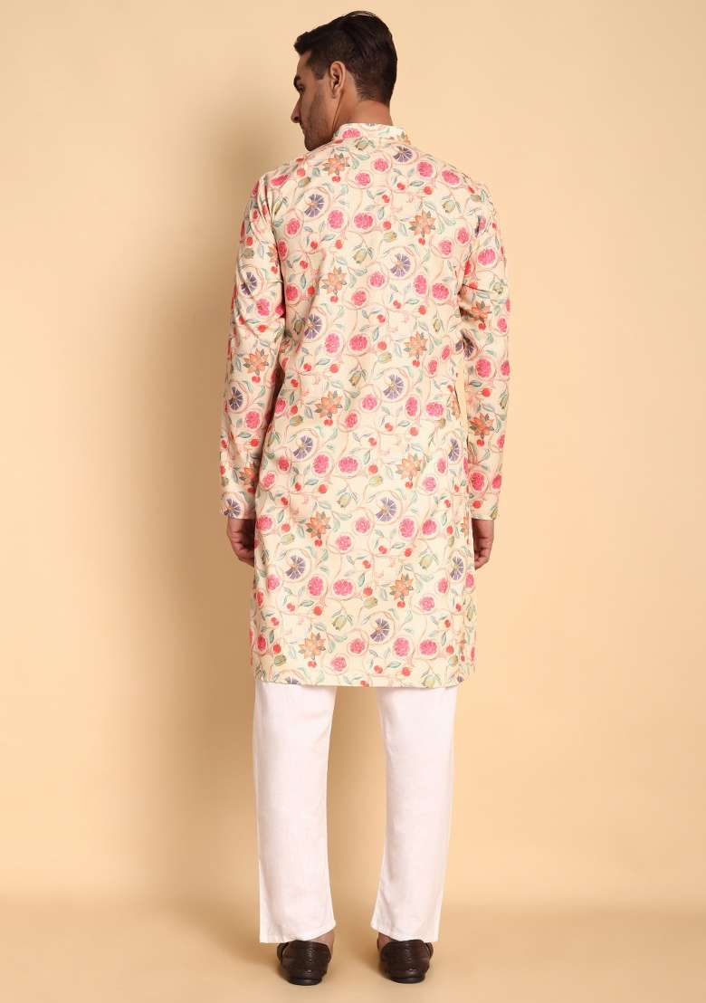 Cream Printed Cotton Kurta For Men - Indya
