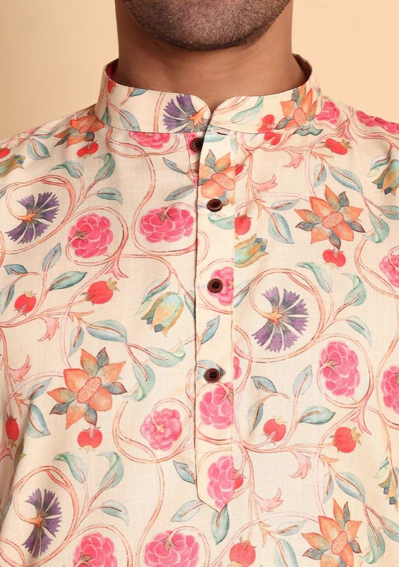 Cream Printed Cotton Kurta For Men - Indya