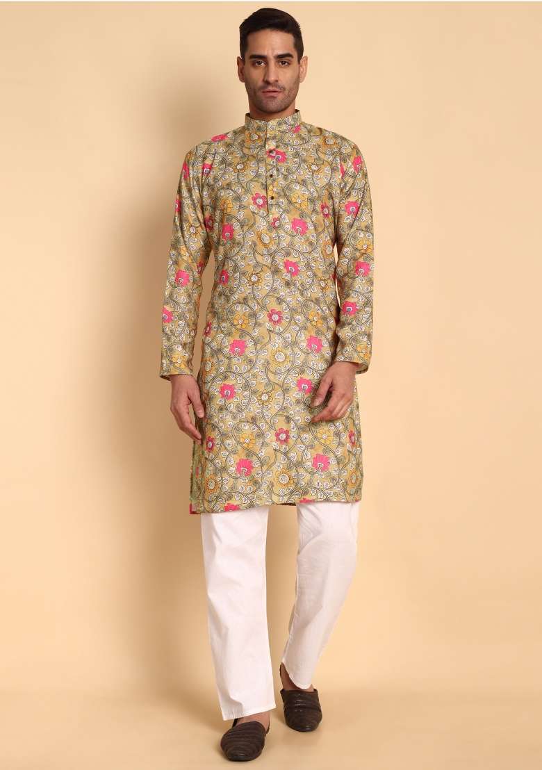 Chikoo Printed Cotton Kurta For Men - Indya
