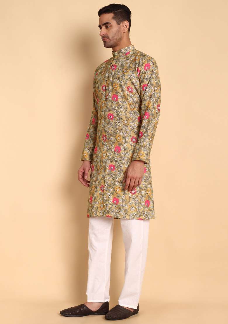 Chikoo Printed Cotton Kurta For Men - Indya