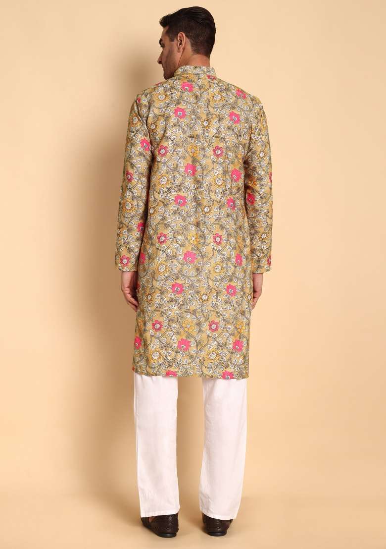 Chikoo Printed Cotton Kurta For Men - Indya