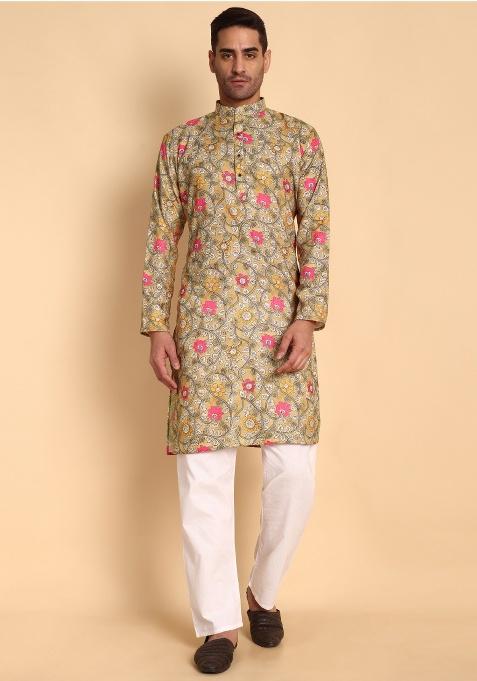 Chikoo Printed Cotton Kurta For Men