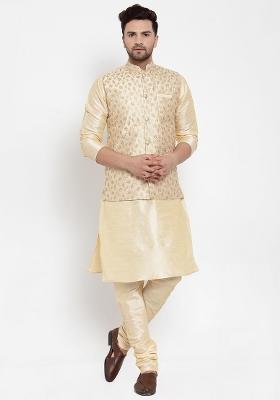 Beige Self Design Silk Nehru Jacket For Men