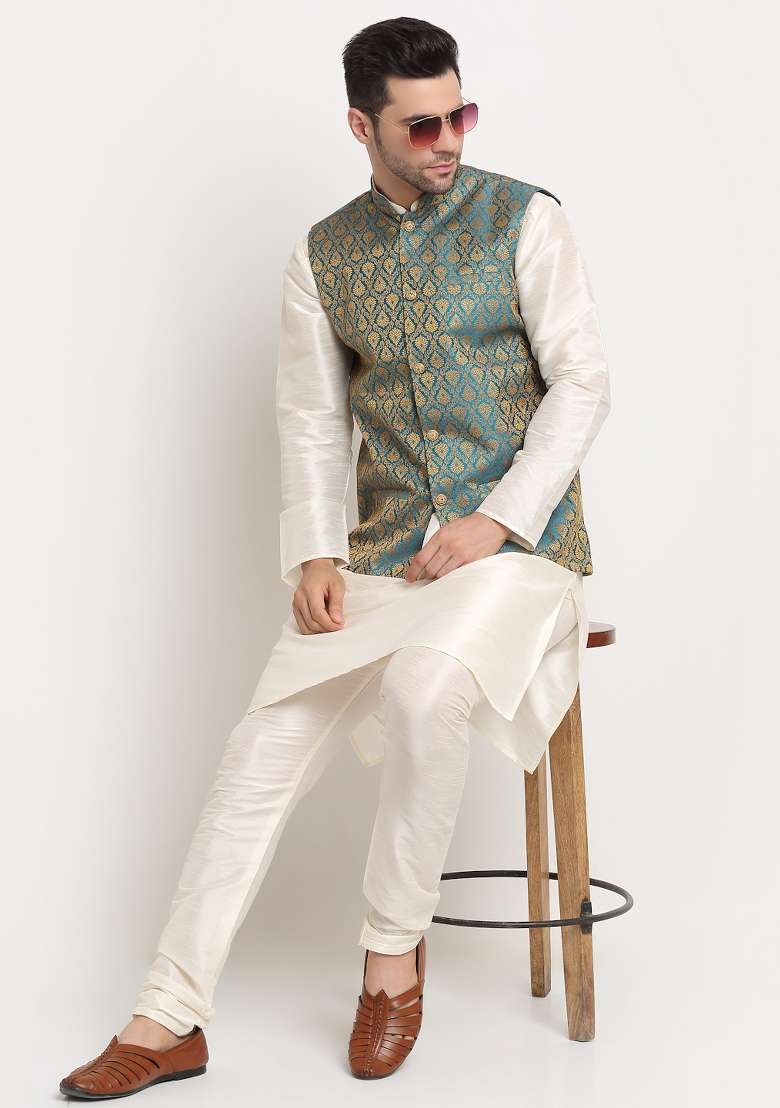 Blue Self Design Silk Nehru Jacket For Men - Indya