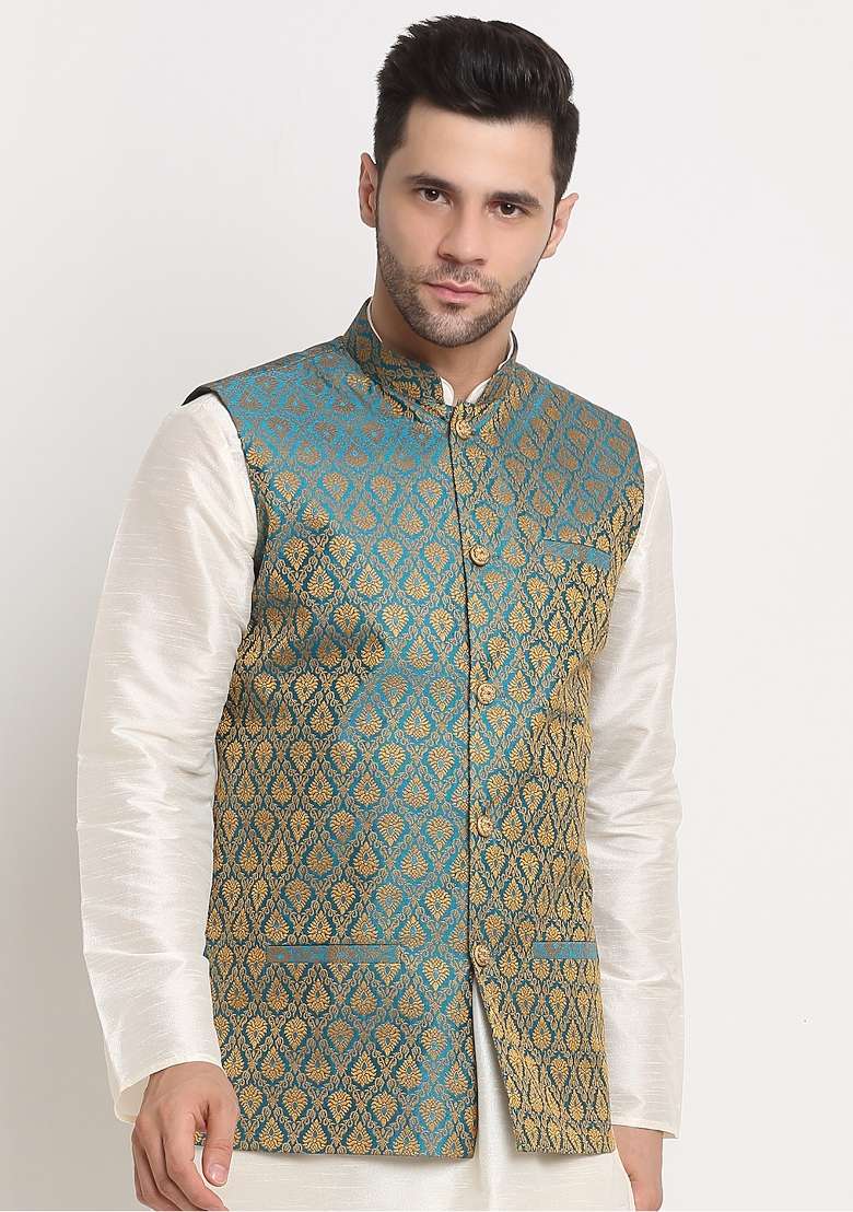 Blue Self Design Silk Nehru Jacket For Men - Indya