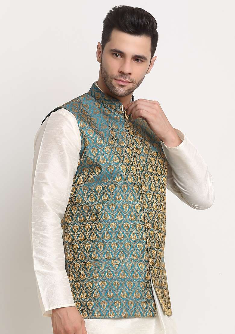 Blue Self Design Silk Nehru Jacket For Men - Indya