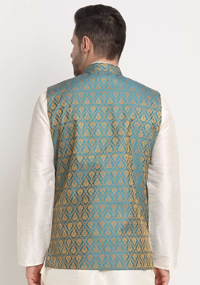 Blue Self Design Silk Nehru Jacket For Men - Indya