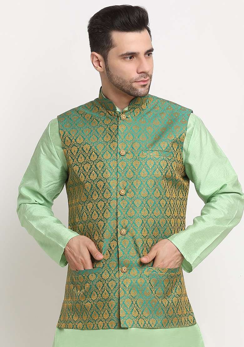 Green Self Design Silk Nehru Jacket For Men - Indya