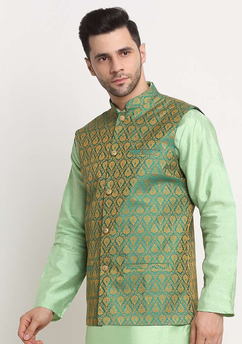 Green Self Design Silk Nehru Jacket For Men - Indya