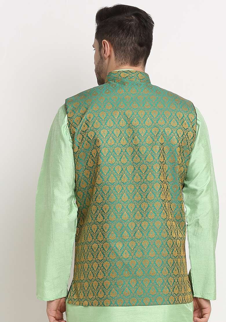 Green Self Design Silk Nehru Jacket For Men - Indya