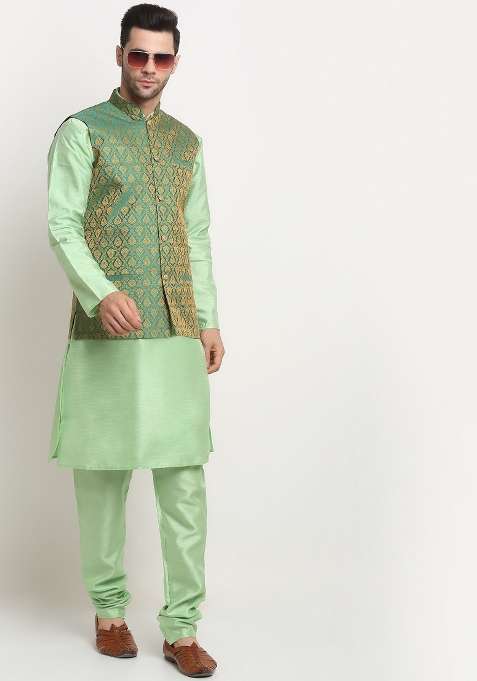 Green Self Design Silk Nehru Jacket For Men