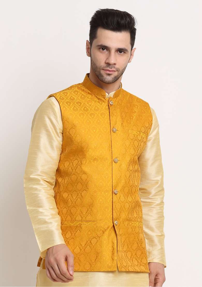 Yellow Self Design Silk Nehru Jacket For Men - Indya