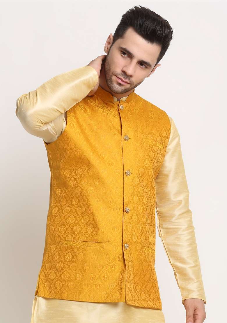 Yellow Self Design Silk Nehru Jacket For Men - Indya