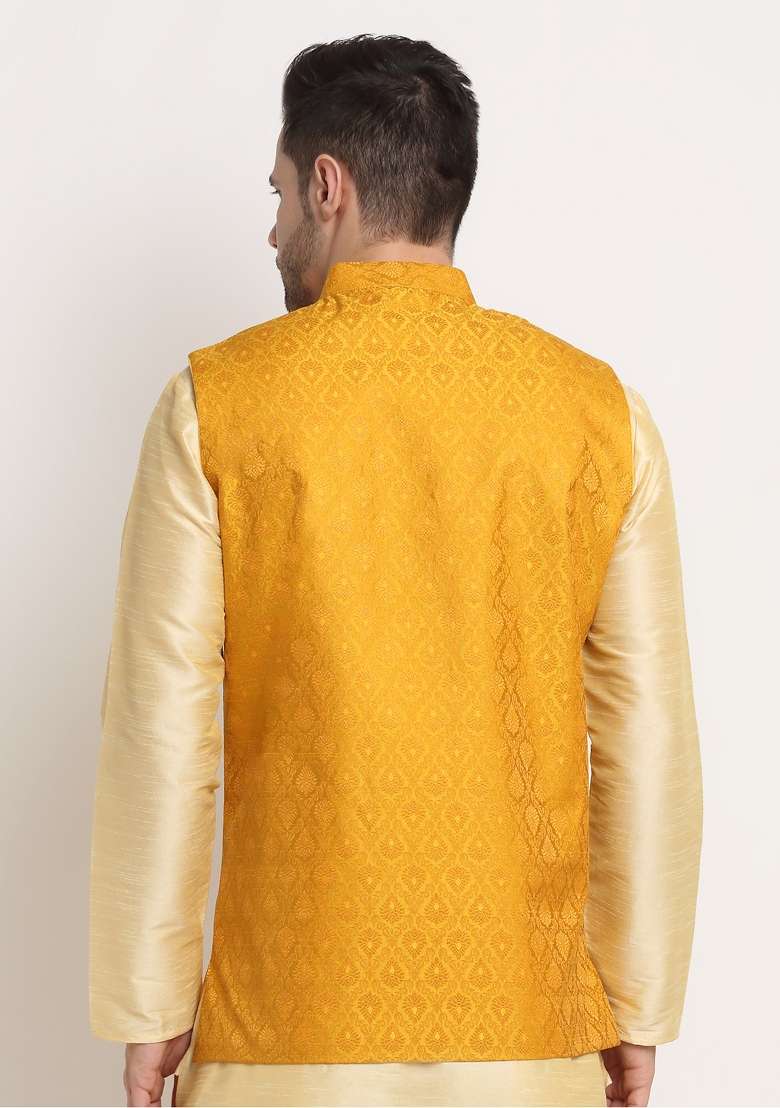Yellow Self Design Silk Nehru Jacket For Men - Indya