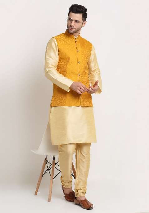 Yellow Self Design Silk Nehru Jacket For Men