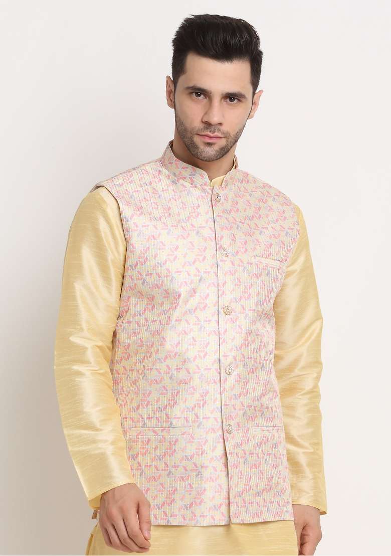 Yellow Self Design Silk Nehru Jacket For Men - Indya