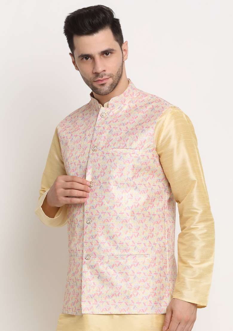 Yellow Self Design Silk Nehru Jacket For Men - Indya