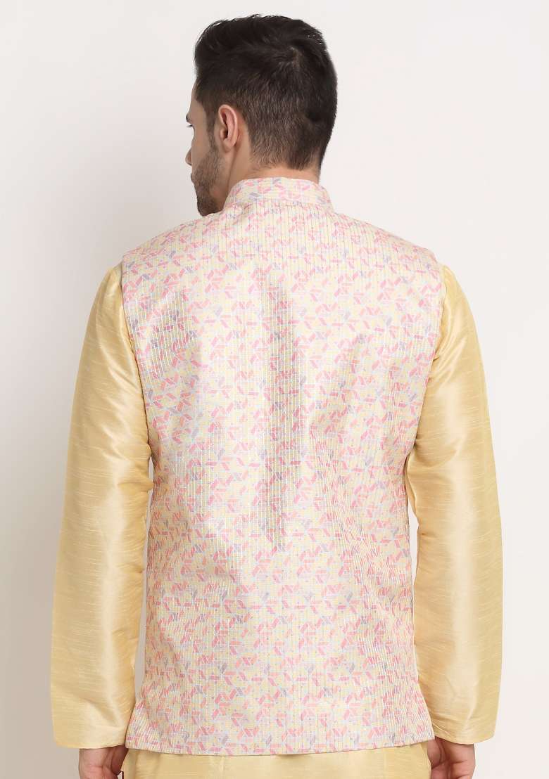Yellow Self Design Silk Nehru Jacket For Men - Indya
