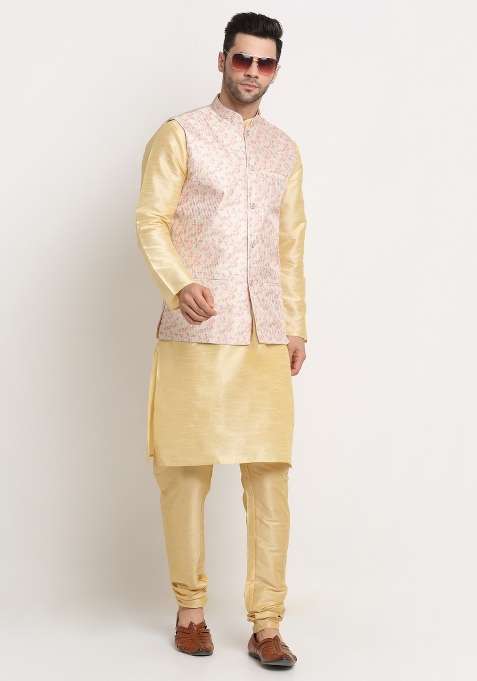 Yellow Self Design Silk Nehru Jacket For Men