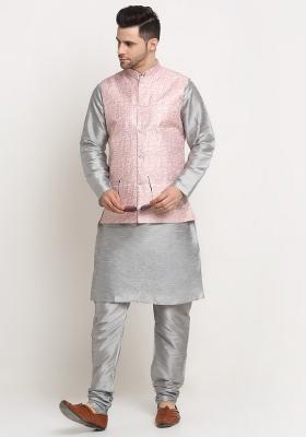 Pink Self Design Silk Nehru Jacket For Men
