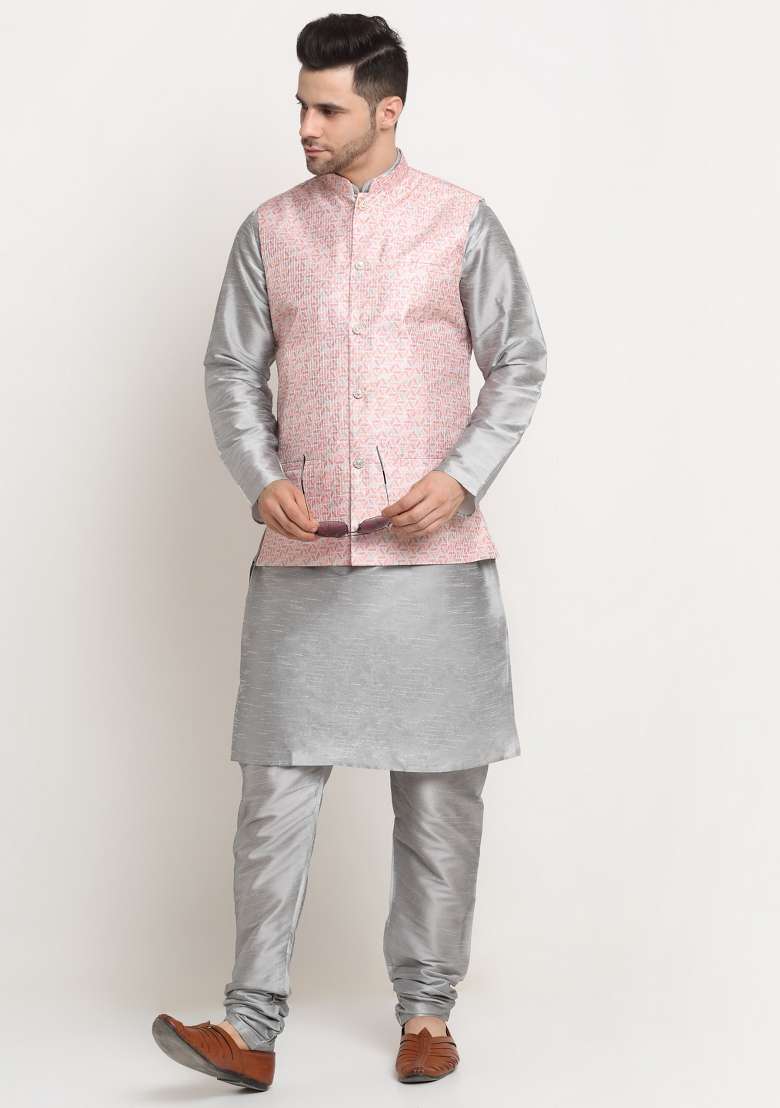 Pink Self Design Silk Nehru Jacket For Men - Indya