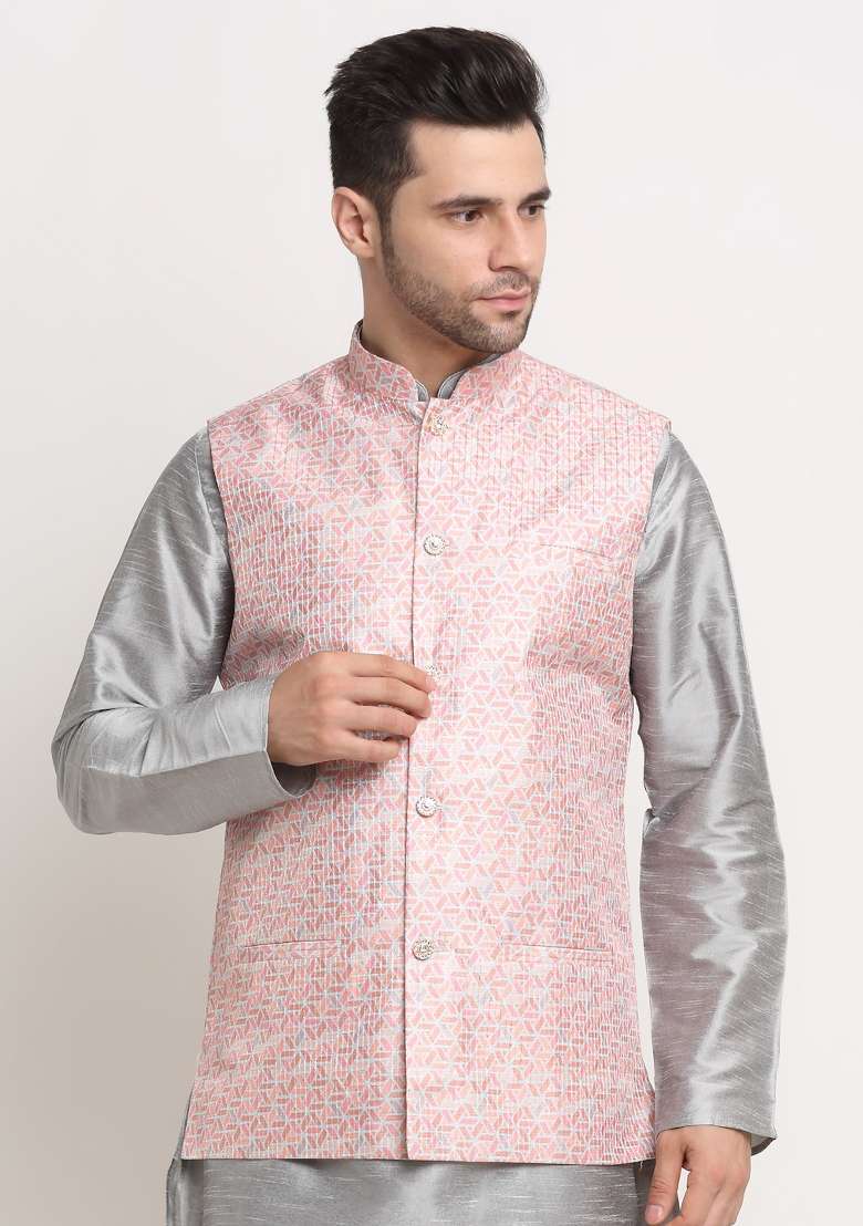 Pink Self Design Silk Nehru Jacket For Men - Indya