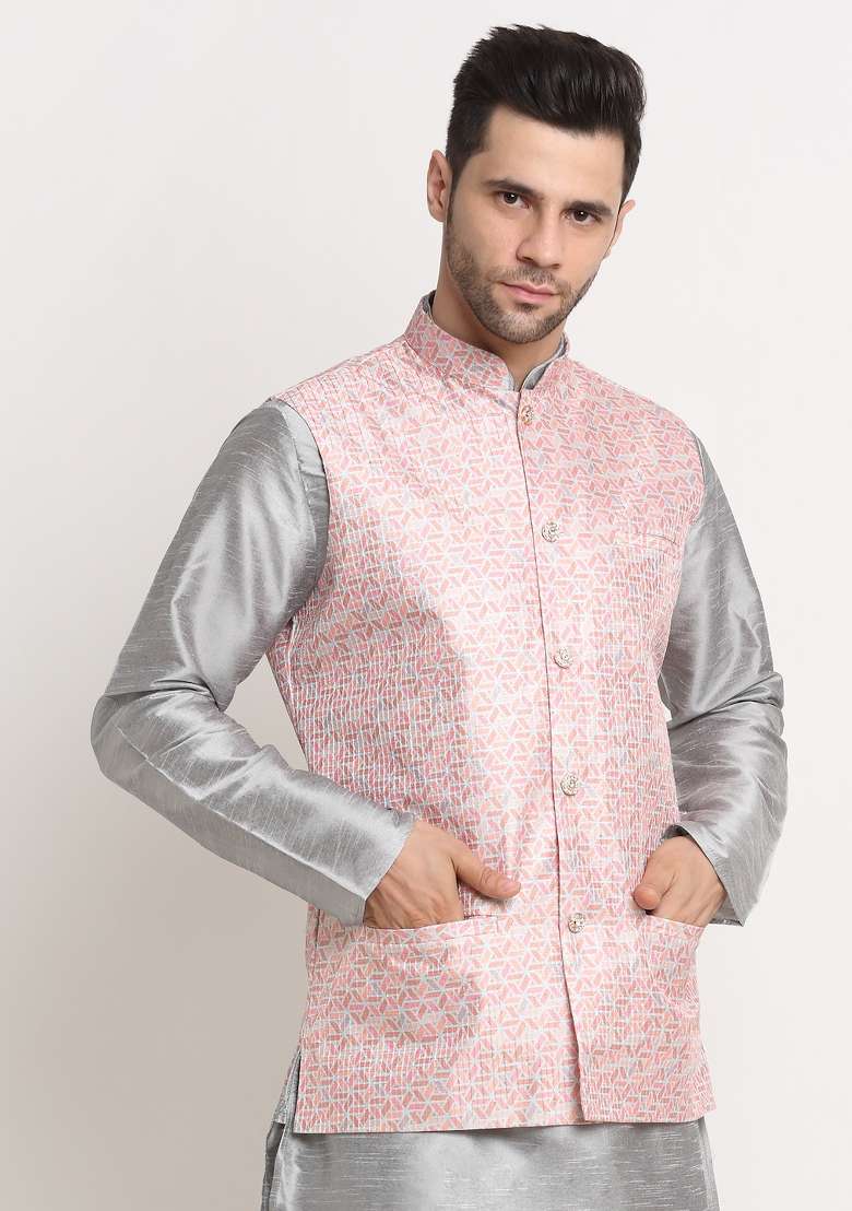 Pink Self Design Silk Nehru Jacket For Men - Indya