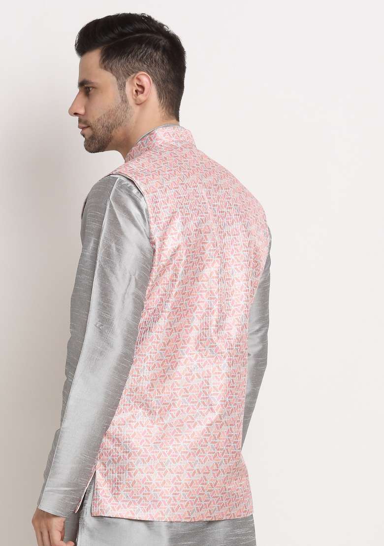 Pink Self Design Silk Nehru Jacket For Men - Indya