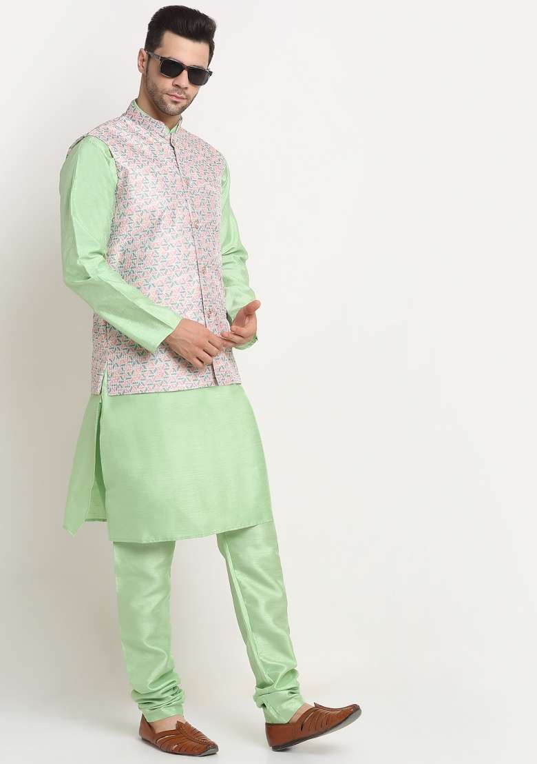 Green Self Design Silk Nehru Jacket For Men - Indya