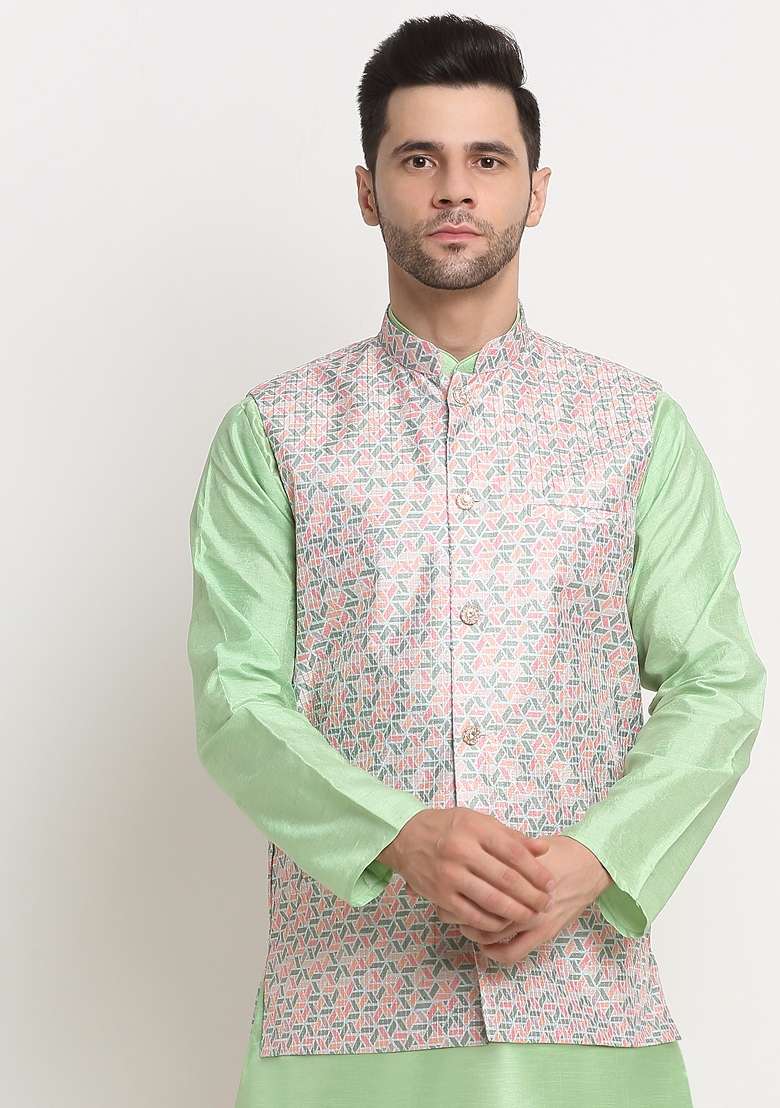 Green Self Design Silk Nehru Jacket For Men - Indya