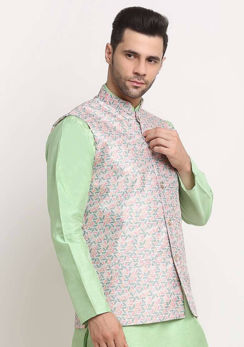 Green Self Design Silk Nehru Jacket For Men - Indya