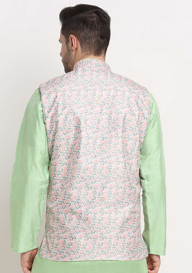Green Self Design Silk Nehru Jacket For Men - Indya
