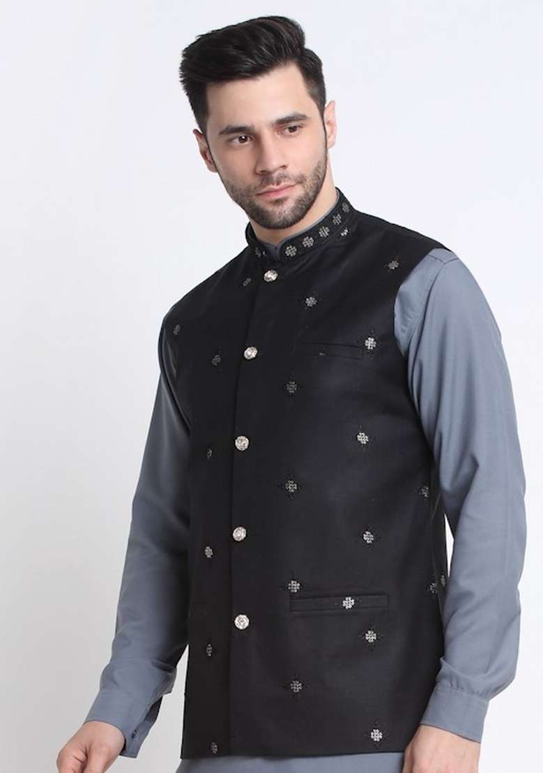 Black Embellished Cotton Nehru Jacket For Men - Indya