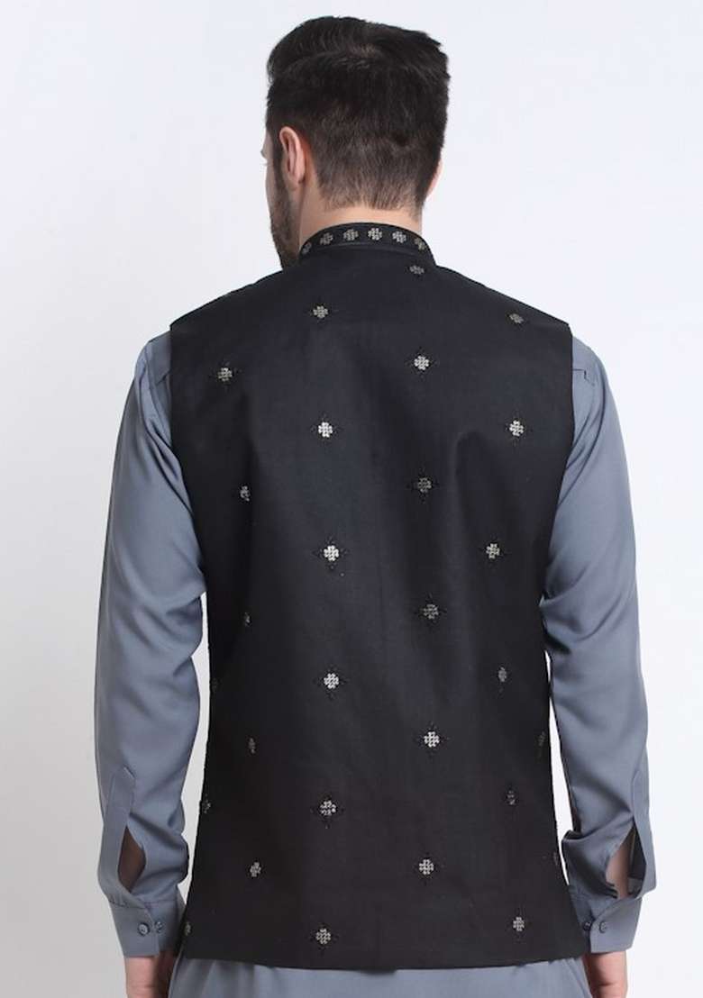 Black Embellished Cotton Nehru Jacket For Men - Indya