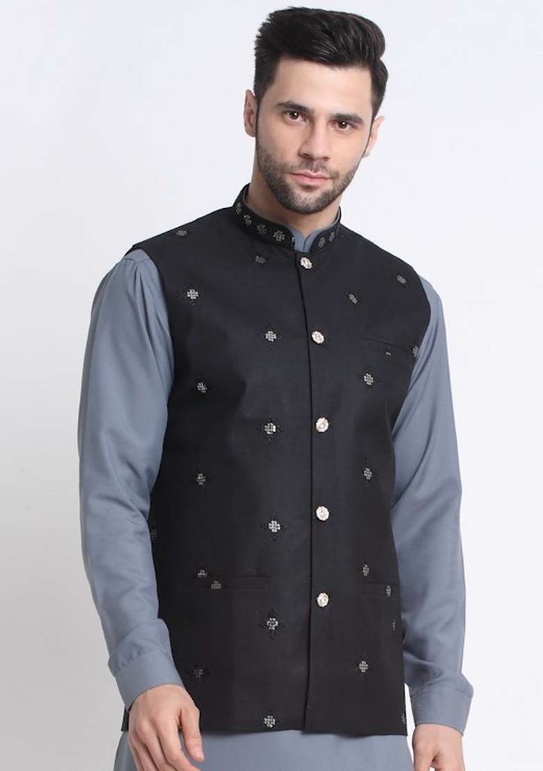 Black Embellished Cotton Nehru Jacket For Men - Indya
