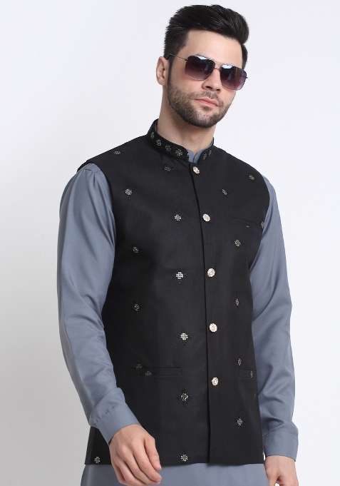 Black Embellished Cotton Nehru Jacket For Men