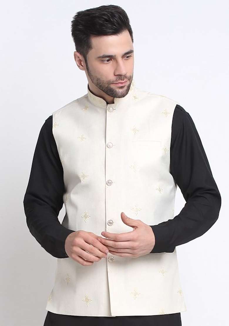 Cream Embellished Cotton Nehru Jacket For Men - Indya