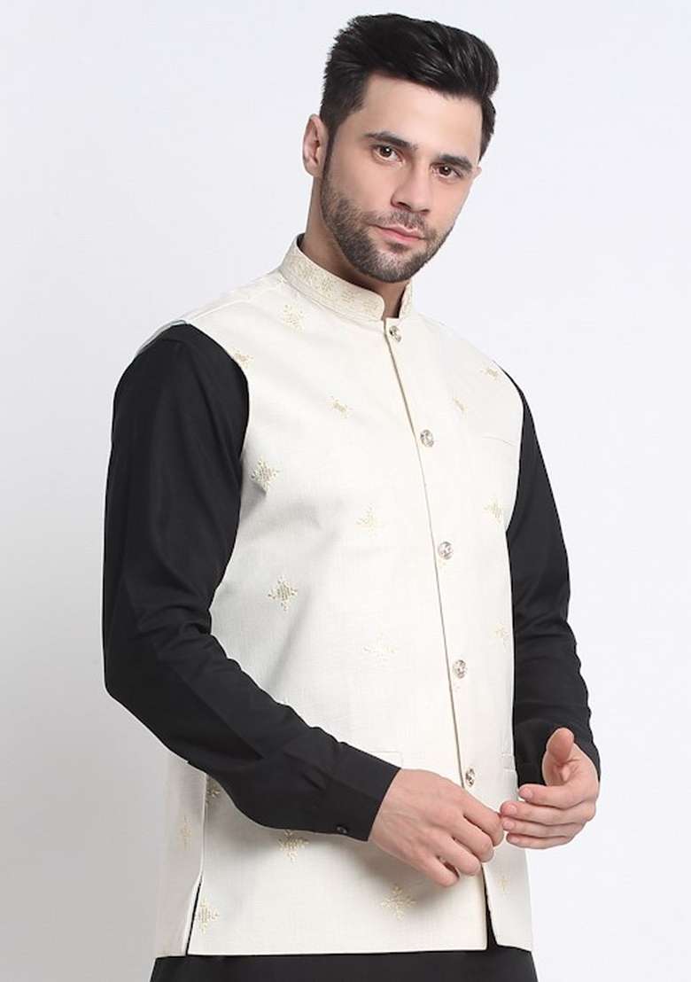 Cream Embellished Cotton Nehru Jacket For Men - Indya