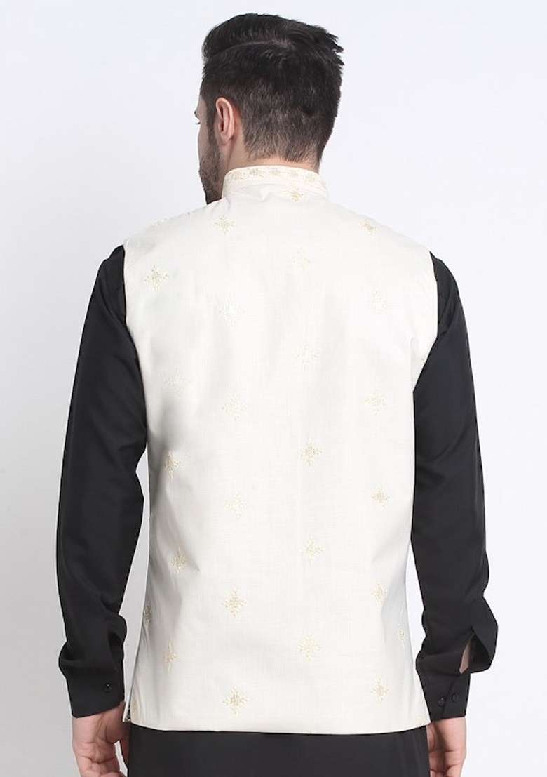 Cream Embellished Cotton Nehru Jacket For Men - Indya