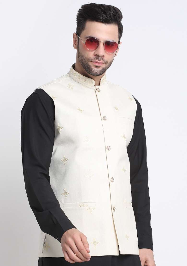 Cream Embellished Cotton Nehru Jacket For Men - Indya