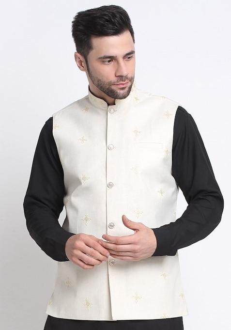 Cream Embellished Cotton Nehru Jacket For Men