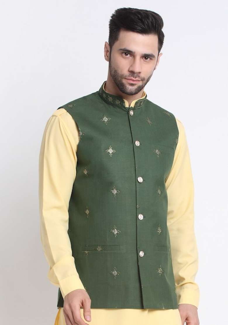 Mehndi Embellished Cotton Nehru Jacket For Men - Indya
