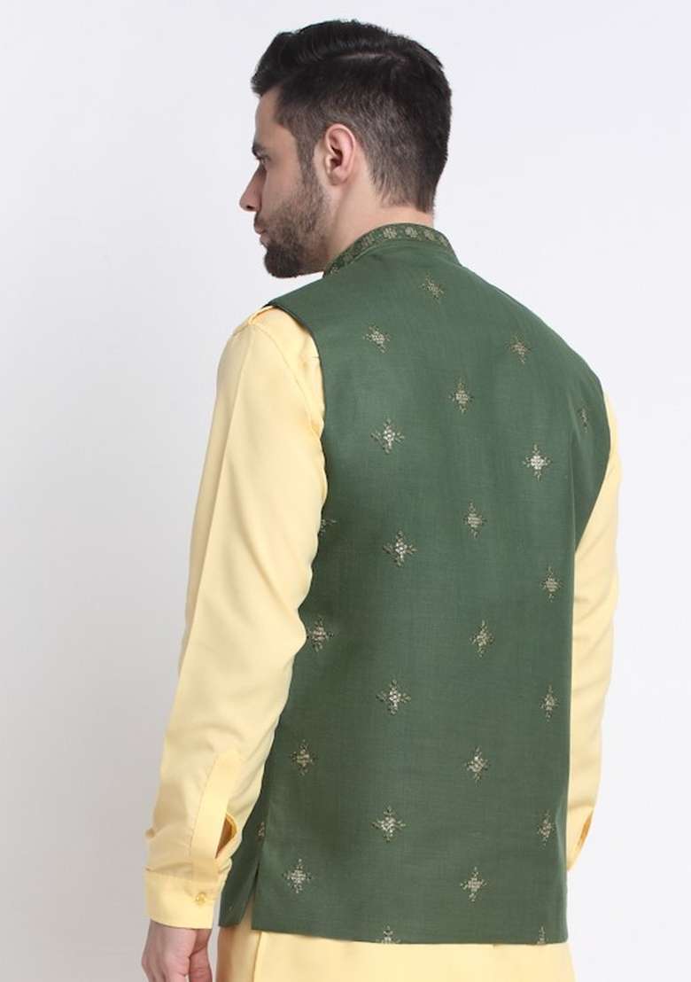 Mehndi Embellished Cotton Nehru Jacket For Men - Indya