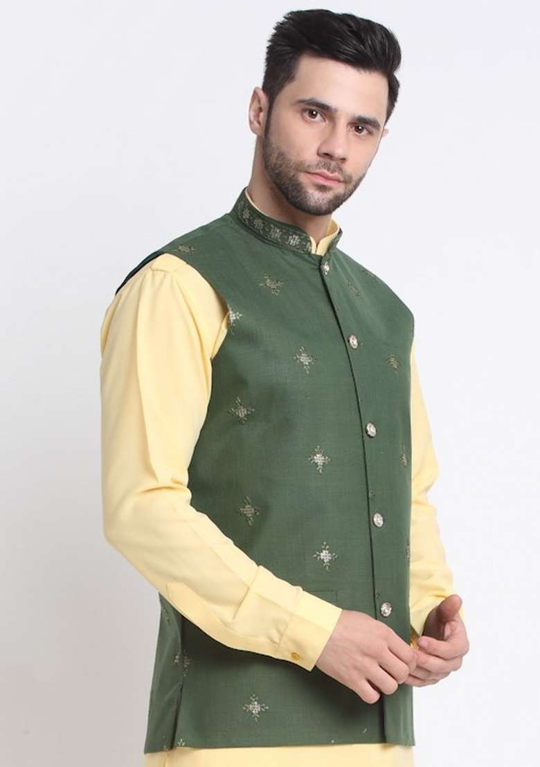 Mehndi Embellished Cotton Nehru Jacket For Men - Indya