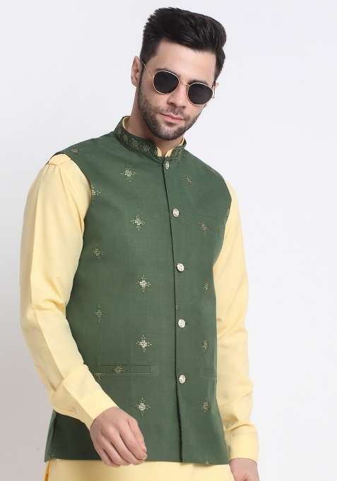 Mehndi Embellished Cotton Nehru Jacket For Men
