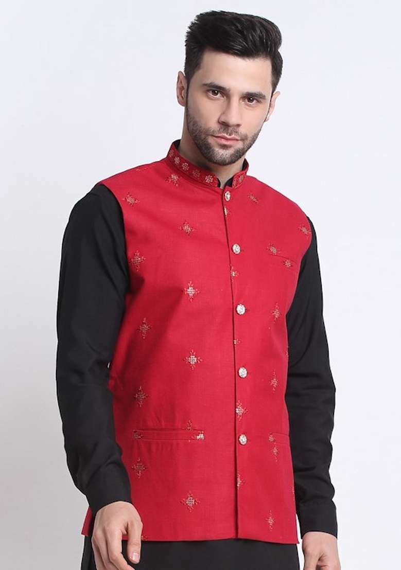Maroon Embellished Cotton Nehru Jacket For Men - Indya