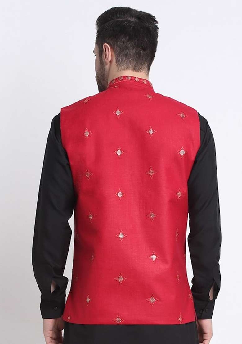 Maroon Embellished Cotton Nehru Jacket For Men - Indya