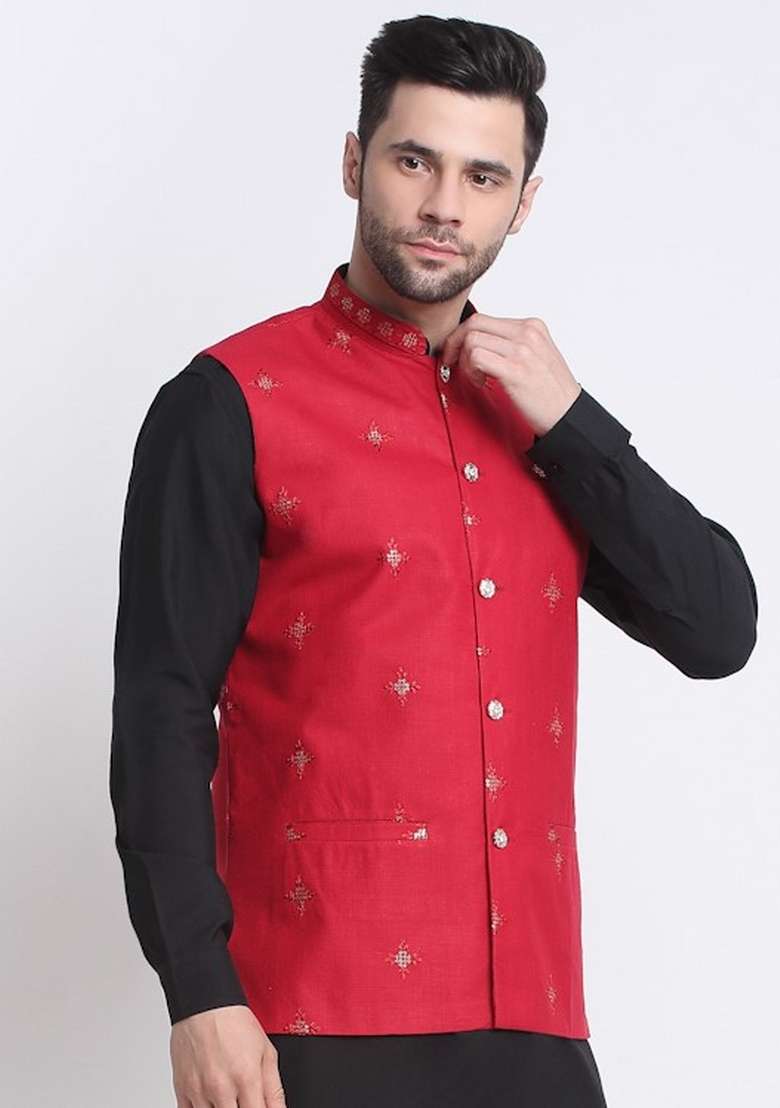 Maroon Embellished Cotton Nehru Jacket For Men - Indya